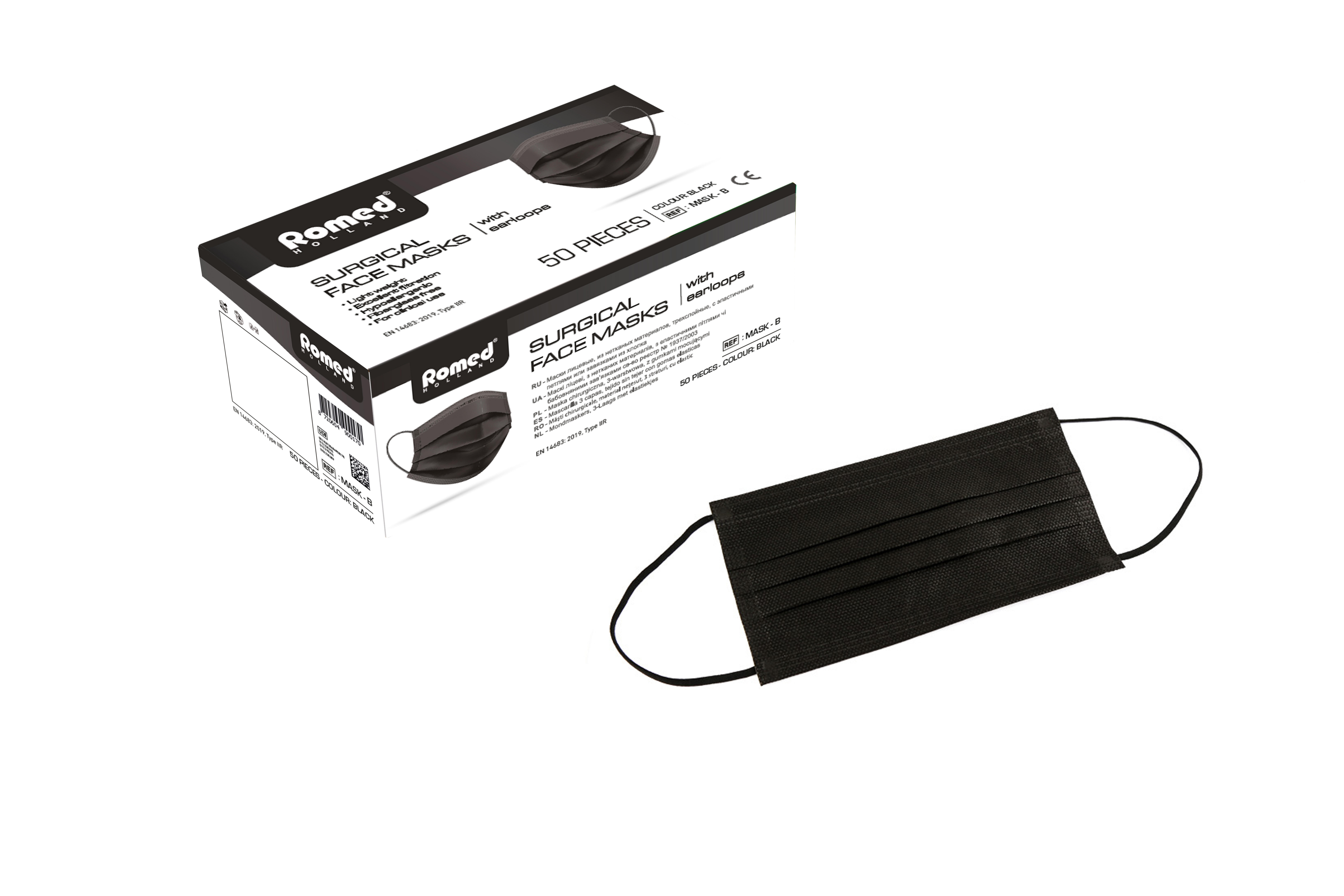 MASK-B Romed surgical face masks type IIR, 3-ply, non-woven, with elastic loops, black, per 50 pcs in an inner box, 20 x 50 pcs = 1.000 pcs in a carton.